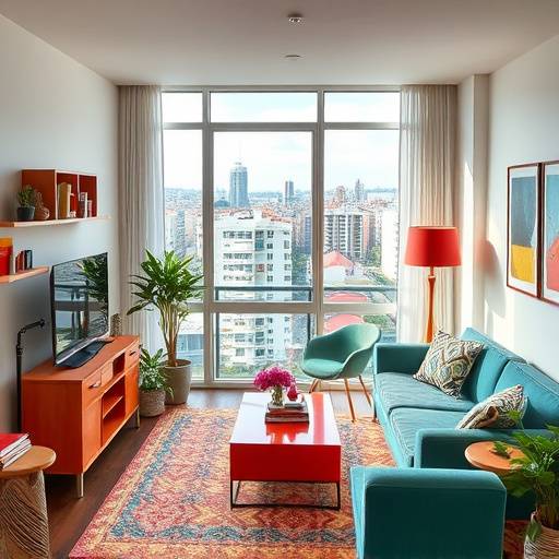 Apartment interior in De Waterkant with colorful furniture and city view