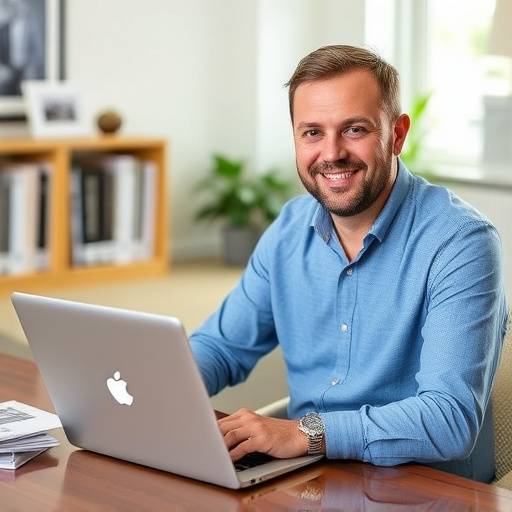 Francois du Toit, Marketing Director at Southern Shores Realty, working on a laptop with marketing materials on the desk.