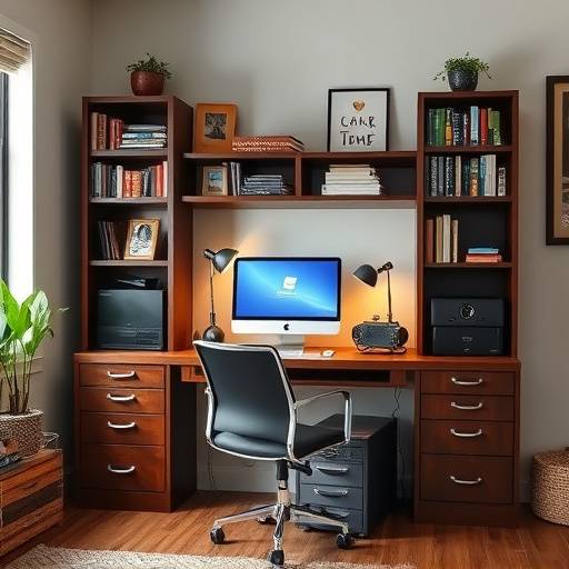 Home office with a desk and bookshelf