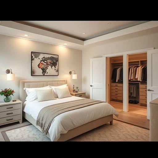 Master bedroom with a king-size bed, walk-in closet, and ensuite bathroom