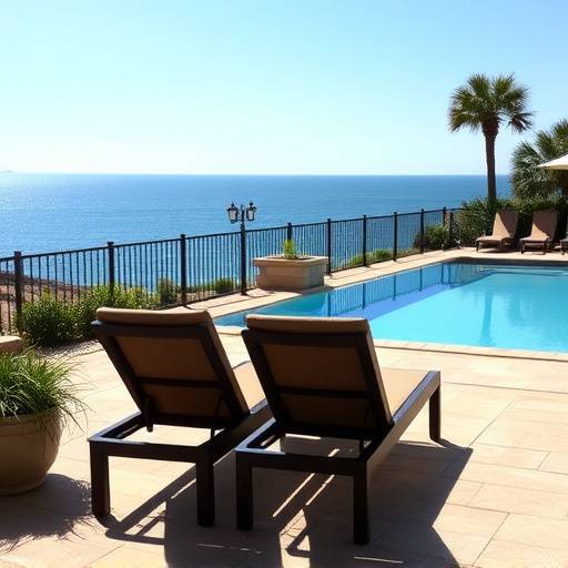 Outdoor patio with a swimming pool and lounge chairs overlooking the ocean