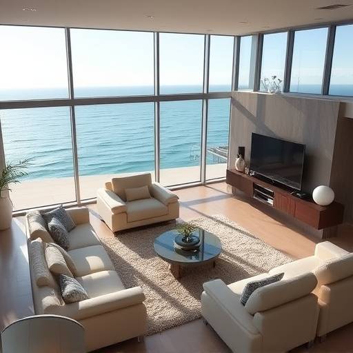 Spacious living room with modern furniture and large windows overlooking the ocean
